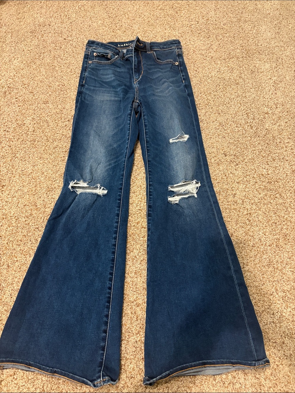 American Eagle Outfitters Dark Blue Distressed Flare Jeans